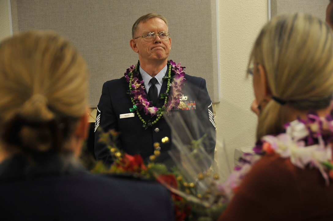 MSgt Daryl Yager addresses the audience of his retirement ceremony.