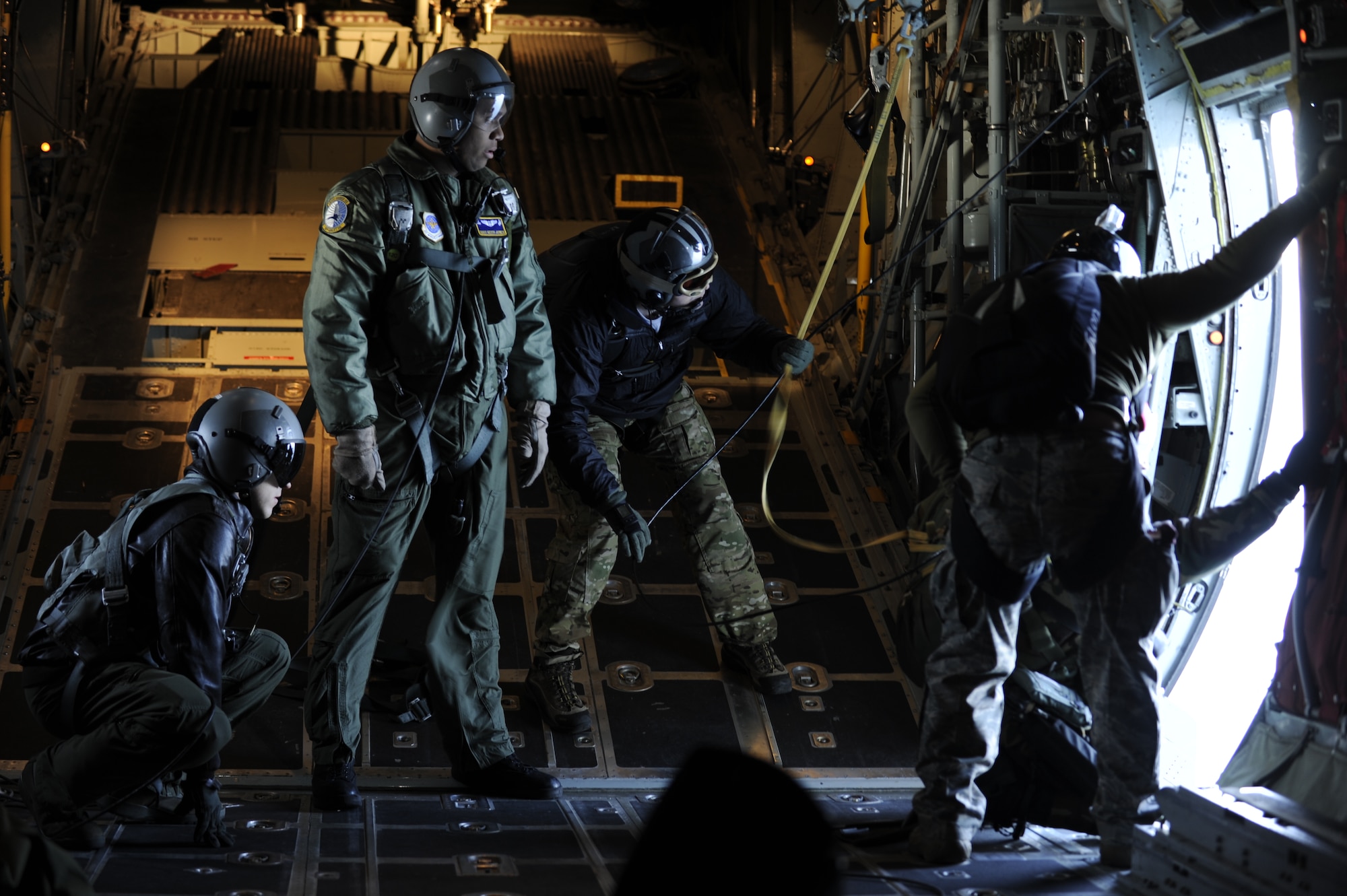 VANDENBERG AIR FORCE BASE, Calif. --  Pararescuemen and members from the Wyoming Air National Guard participate in  a the rescue jump master course here Tuesday, Feb. 1, 2011.  The training focused on tactical jumps over water.  (U.S. Air Force photo/Senior Airman Andrew Satran) 

  
 
  