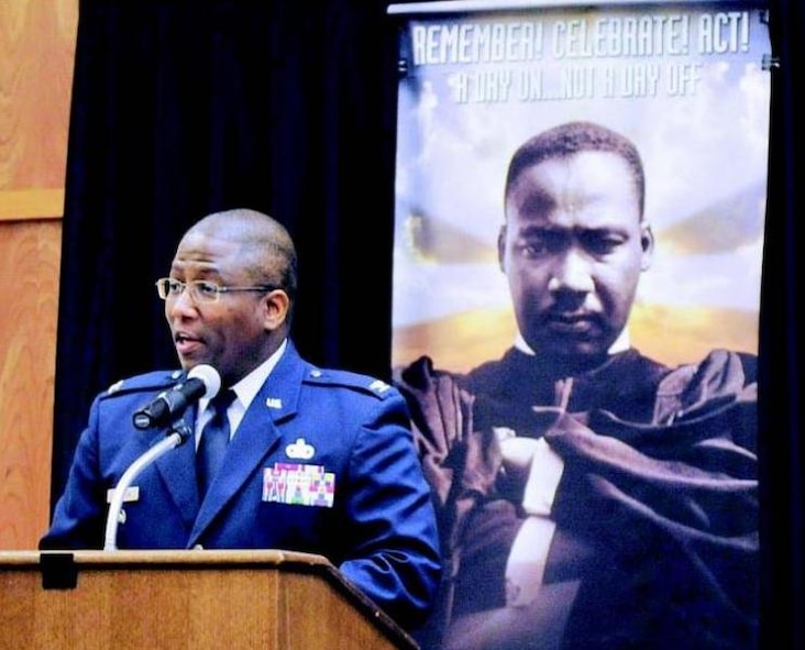 Col. Allen Jamerson, Air Force Materiel Command chief of staff, addresses a crowd gathered Jan. 13, 2011, at the Martin Luther King Jr. Luncheon at Hill Air Force Base, Utah. (U.S. Air Force photo/Kim Cook)
