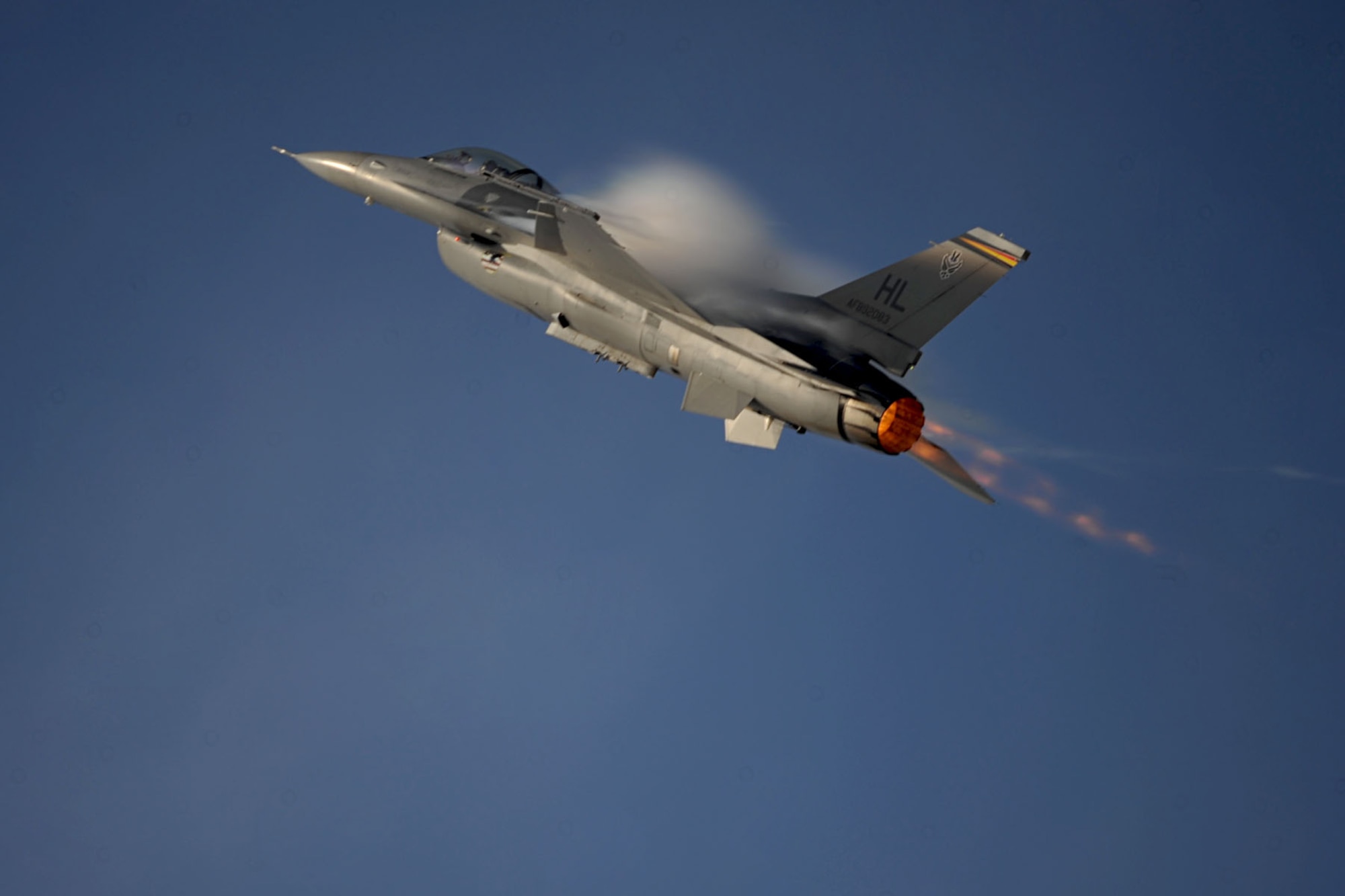 LANGLEY AIR FORCE BASE, Va. – Capt. Garrett Dover, Viper West Coast Demonstration Team pilot, showcases the F-16 Fighting Falcon’s steep climbing during the demo team practice certification Feb. 1. Demo teams converged at Langley for three days to receive annual Air Combat Command certification. (U.S. Air Force photo/Staff Sgt. Ashley Hawkins)(RELEASED)