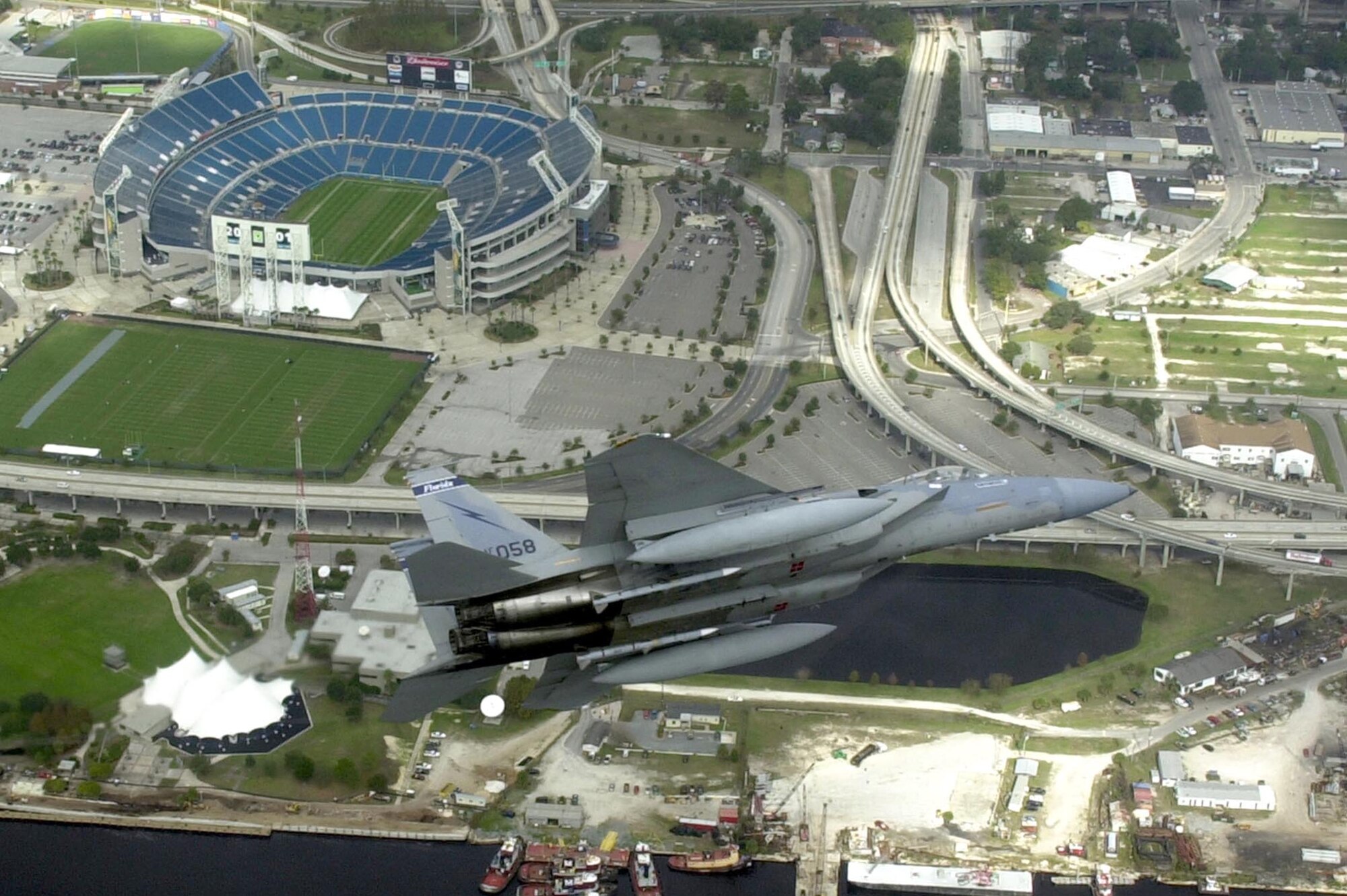 F-15 Eagles patrol areas around critical infrastructure and during special events. Fighter aircraft such as these conducted air patrols around Raymond James Stadium in Tampa, Fla., in support of Super Bowl XLIII. (Courtesy photo)             