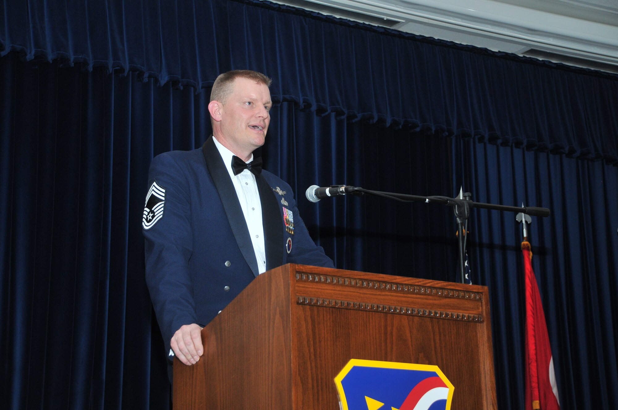 Chief Master Sgt. David Lawrence, the commandant of the Kisling Noncommissioned Officer Academy at Kapaun Air Station, Germany, speaks at a chief master sergeant recognition ceremony Jan. 28, at Incirlik Air Base, Turkey. The chief recognition ceremony is one of the oldest military traditions, and honors those who achieve the highest enlisted rank in the Air Force. The Air Force only promotes 1 percent of its enlisted force to the rank of chief master sergeant.   (U.S. Air Force photo by Staff Sgt. Alexandre Montes/Released)
