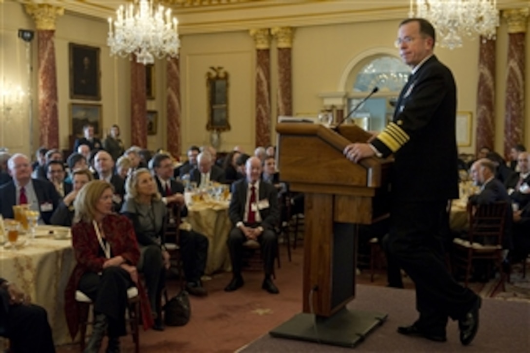 Chairman of the Joint Chiefs of Staff Adm. Mike Mullen, U.S. Navy, delivers remarks at the Annual Chiefs of Mission Conference at the Department of State in Washington, D.C., on Feb. 2, 2011.  