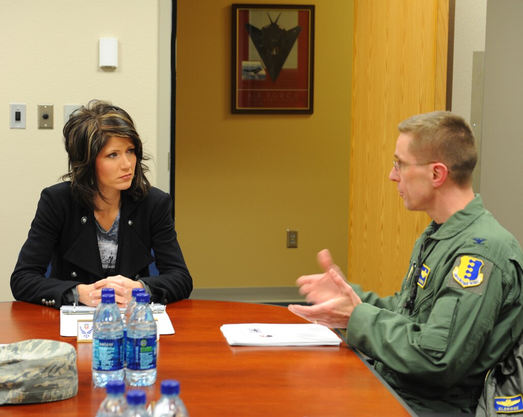 U.S. Representative Kristi Noem and Col. William Eldridge, 28th Operations Group commander, discuss the current state of operations at Ellsworth Air Force Base, S.D., Feb. 1, 2011. Rep. Noem visited the base as part of her trip across South Dakota. (U.S. Air Force photo/Master Sgt. Loren J. Bonser)
