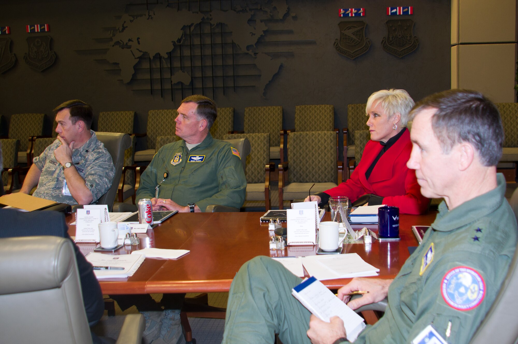 Ms. Celeste Gleave, AFRC's nominee to the Air Force Chief of Staff's Civic Leader Group observes briefings with, from left, Brig. Gen. Gary Blaszkiewicz, AFRC/A4 director,  Maj. Gen. Wade Farris,  AFRC/A3 director, and Maj. Gen. Craig Gourley, AFRC vice commander, in the command conference room Feb. 4. Ms. Gleave, who represents the 419th Fighter Wing, Hill AFB, Utah, as its Citizen Partner, attended the Air Force Chief of Staff's Civic Leader Conference in Washington, D.C., Feb. 1-3, 2011. She stopped through HQ AFRC on her return trip to meet the command's leadership and receive briefings. (U.S. Air Force photo/Ms. Candice Allen)
