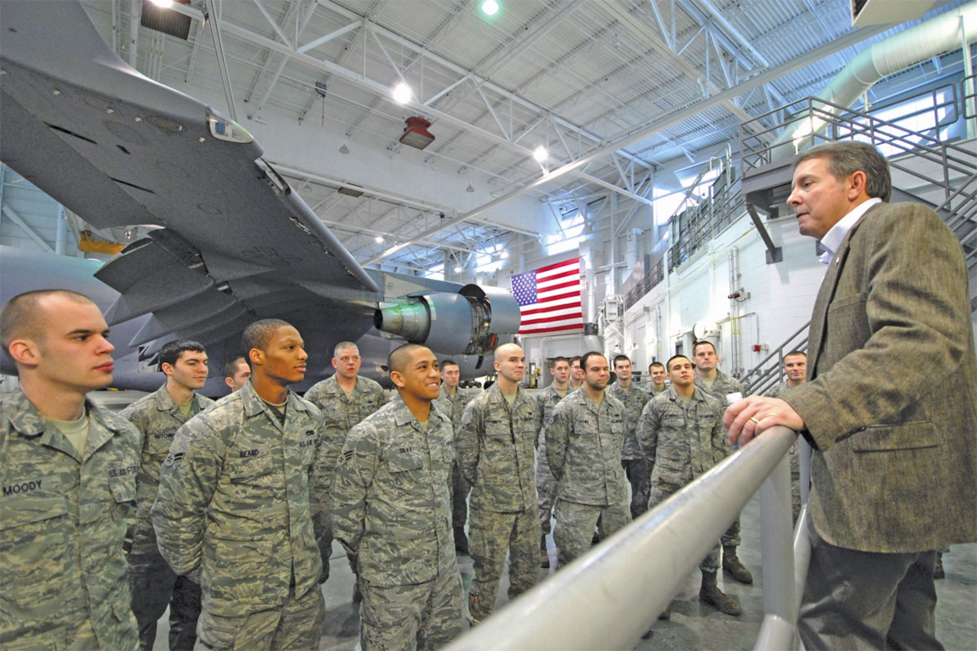 Retired Chief Master Sgt. of the Air Force Rodney J. McKinley speaks with 517th Airlift Squadron Airmen in Hangar 21 on Joint Base Elmendorf-Richardson, Jan. 28 McKinley is the 15th Chief Master Sgt. of the Air Force. (U.S. Air Force photo/Steven White)