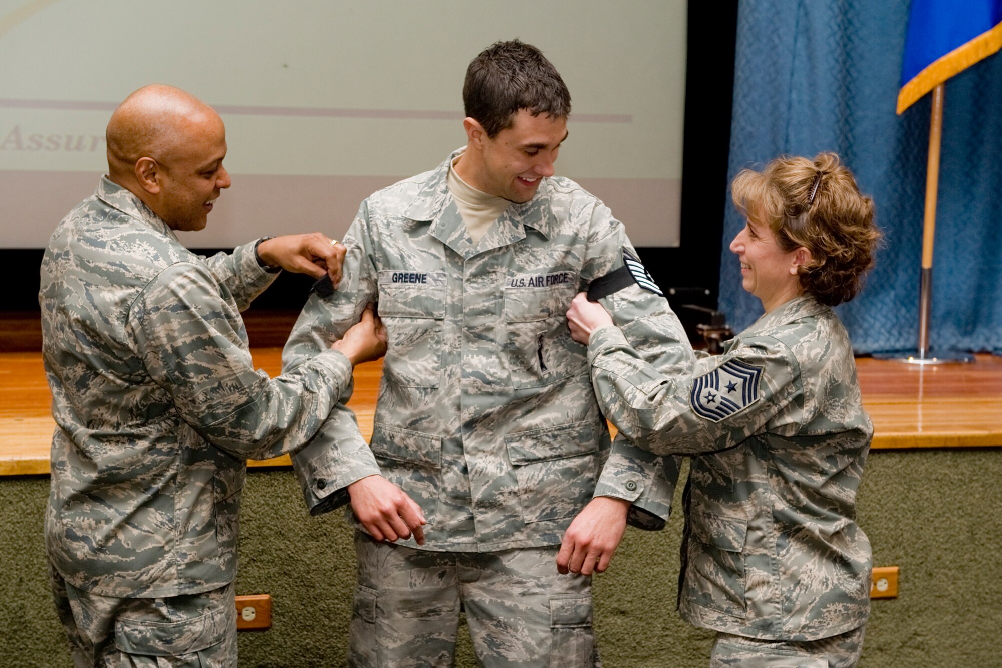 Now Tech. Sgt. Nathan Greene, a team chief with the Missile Maintenance Squadron, was surprised in front of his peers and leadership as he was presented a promotion through the Stripes for Exceptional Performers, or STEP, process.  He was awarded his new stripes from Brig. Gen. (sel) Anthony Cotton, 341st Missile Wing commander, and Chief Master Sgt. Cari Kent, 341st MW command chief.