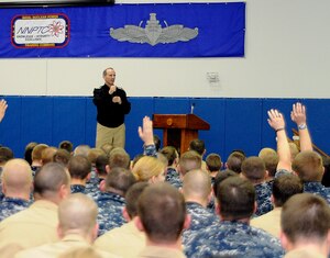 VIce Chief of Naval Operations Adm. Jonathan Greenert answers questions during an all-hands call at Naval Nuclear Power Training Command on board Joint Base Charleston-Weapons Station, Feb. 2. Admiral Greenert addressed Sailors about fleet-wide pressing issues concerning the nuclear field and stressed the importance of Sailors utilizing family support programs for themselves and their loved ones. (U.S. Navy photo/Mass Communication Specialist 1st Class Jennifer Hudson