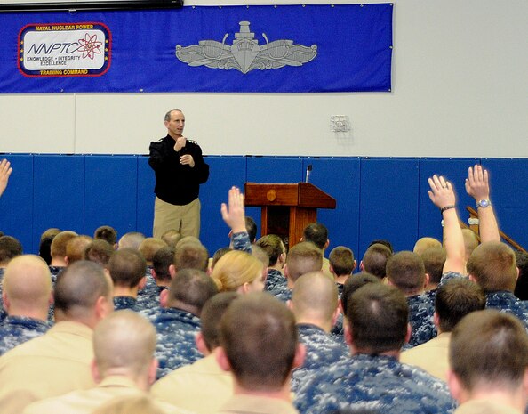 VIce Chief of Naval Operations Adm. Jonathan Greenert answers questions during an all-hands call at Naval Nuclear Power Training Command on board Joint Base Charleston-Weapons Station, Feb. 2. Admiral Greenert addressed Sailors about fleet-wide pressing issues concerning the nuclear field and stressed the importance of Sailors utilizing family support programs for themselves and their loved ones. (U.S. Navy photo/Mass Communication Specialist 1st Class Jennifer Hudson