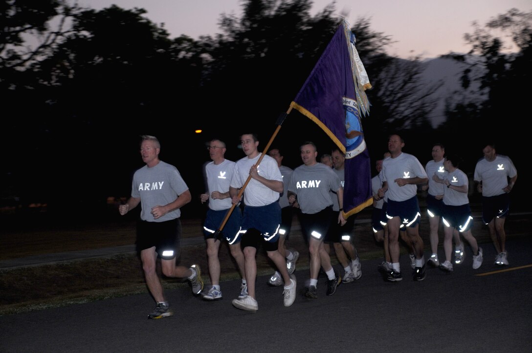 SOTO CANO AIR BASE, Honduras --  Col. Gregory Reilly, Joint Task Force-Bravo commander leads the JTF-B run here Feb. 4. The monthly two-mile run encourages esprit de corps and physical fitness. Physical Fitness is paramount to mission success.(U.S. Air Force photo/Staff Sgt. Kimberly Rae Moore)