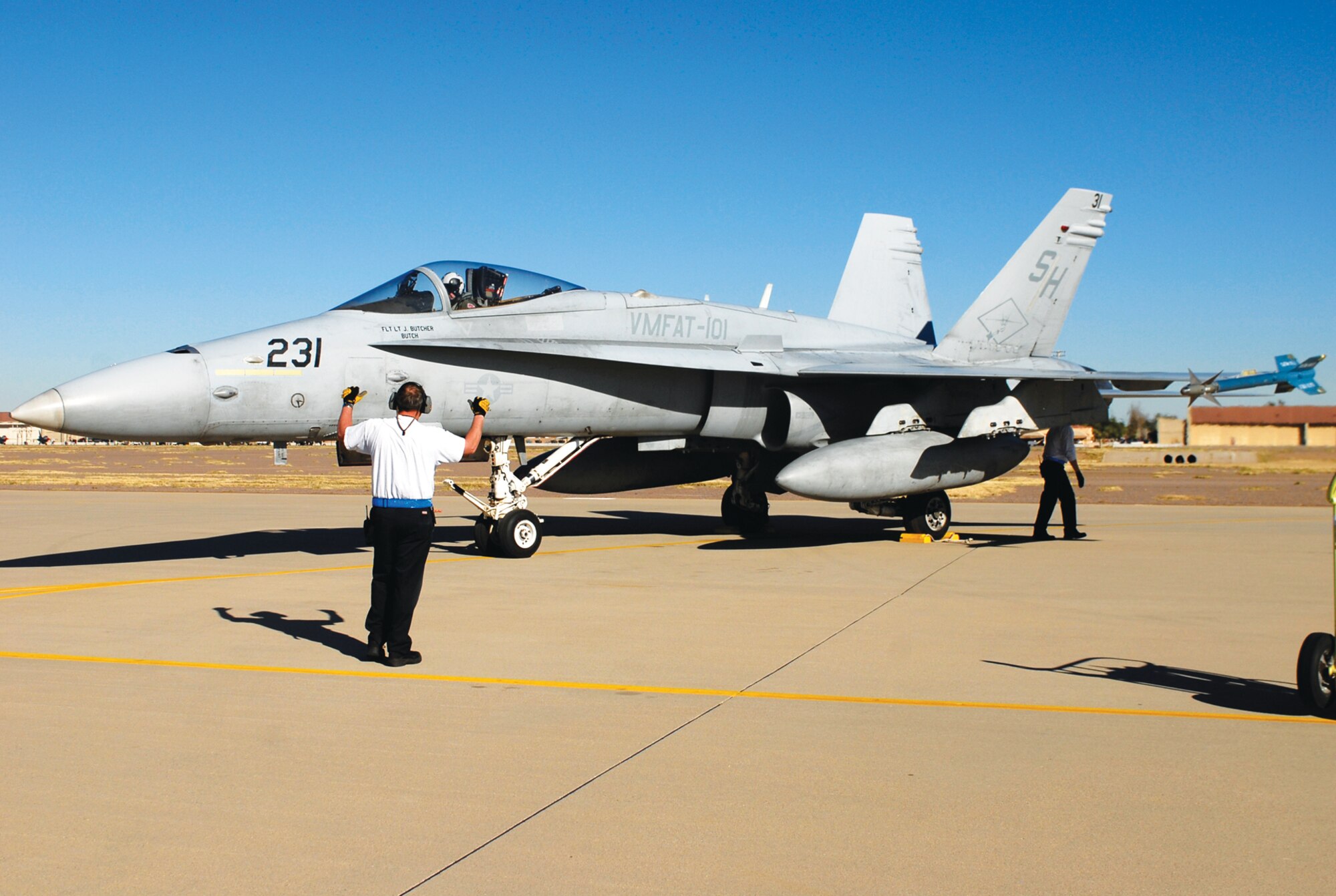 Mike Moore, 56th Equipment Maintenance Squadron transient alert, taxis in an F-18 Hornet from Marine Corps Air Station, Miramar, California, Jan. 28th during a fly-in.  (U.S. Air Force photo/Airman 1st Class Sandra Welch)