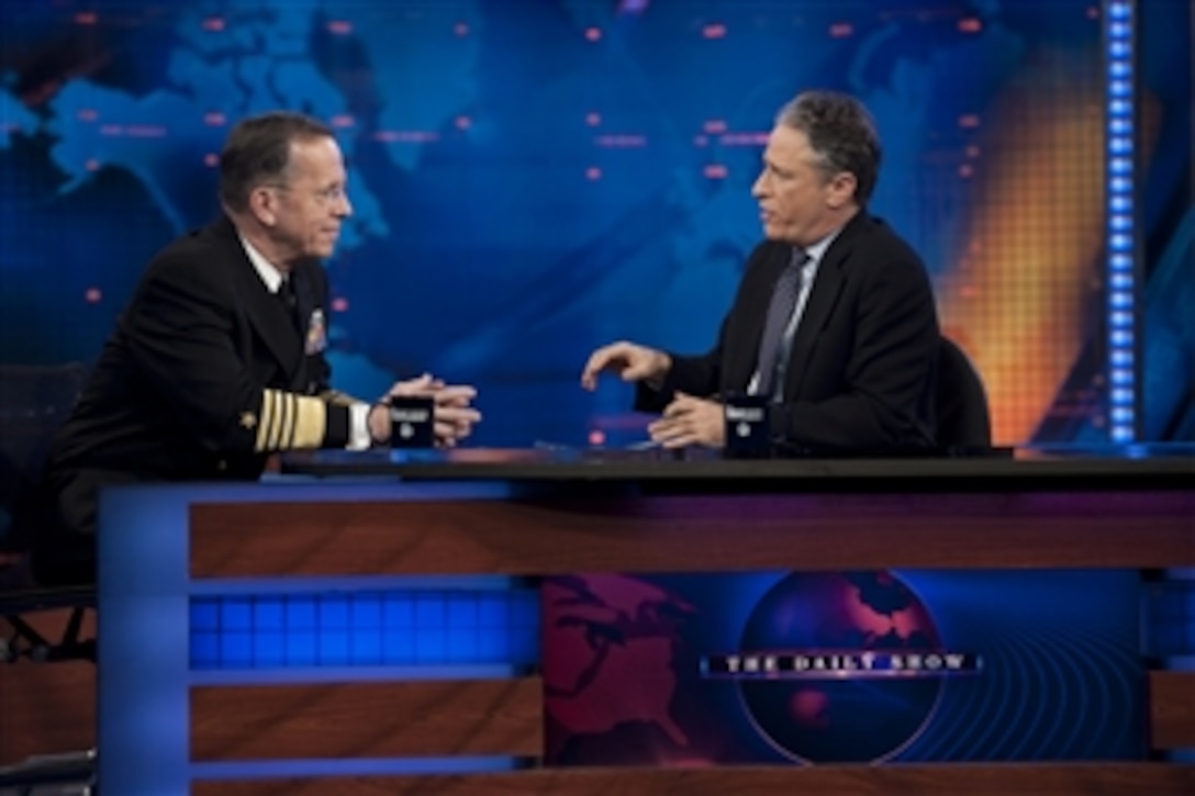 Chairman of the Joint Chiefs of Staff Adm. Mike Mullen, U.S. Navy, appears on The Daily Show with Jon Stewart in New York City on Feb. 3, 2011.  