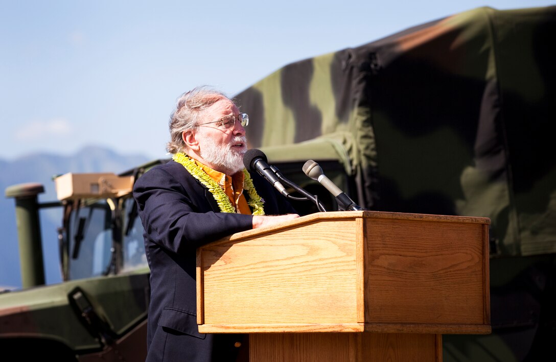 Hawaii Governor Neil Abercrombie gave a speech on the Biodiesel Crop Demonstration Project at Marine Corps Base Hawaii Feb. 4, 2011. Abercrombie initiated a project appropriation of $2.4 million as a member of Congress. The $2.4 million project spans 24 months and its goal is to produce sustainable agricultural technologies in a move toward fuel security.