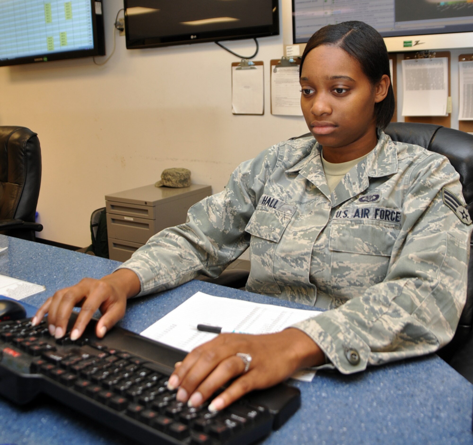 Senior Airman Maria Hall, 37th Flying Training Squadron Aviation Resource Management journeyman, reviews a flying schedule Jan. 25. 
