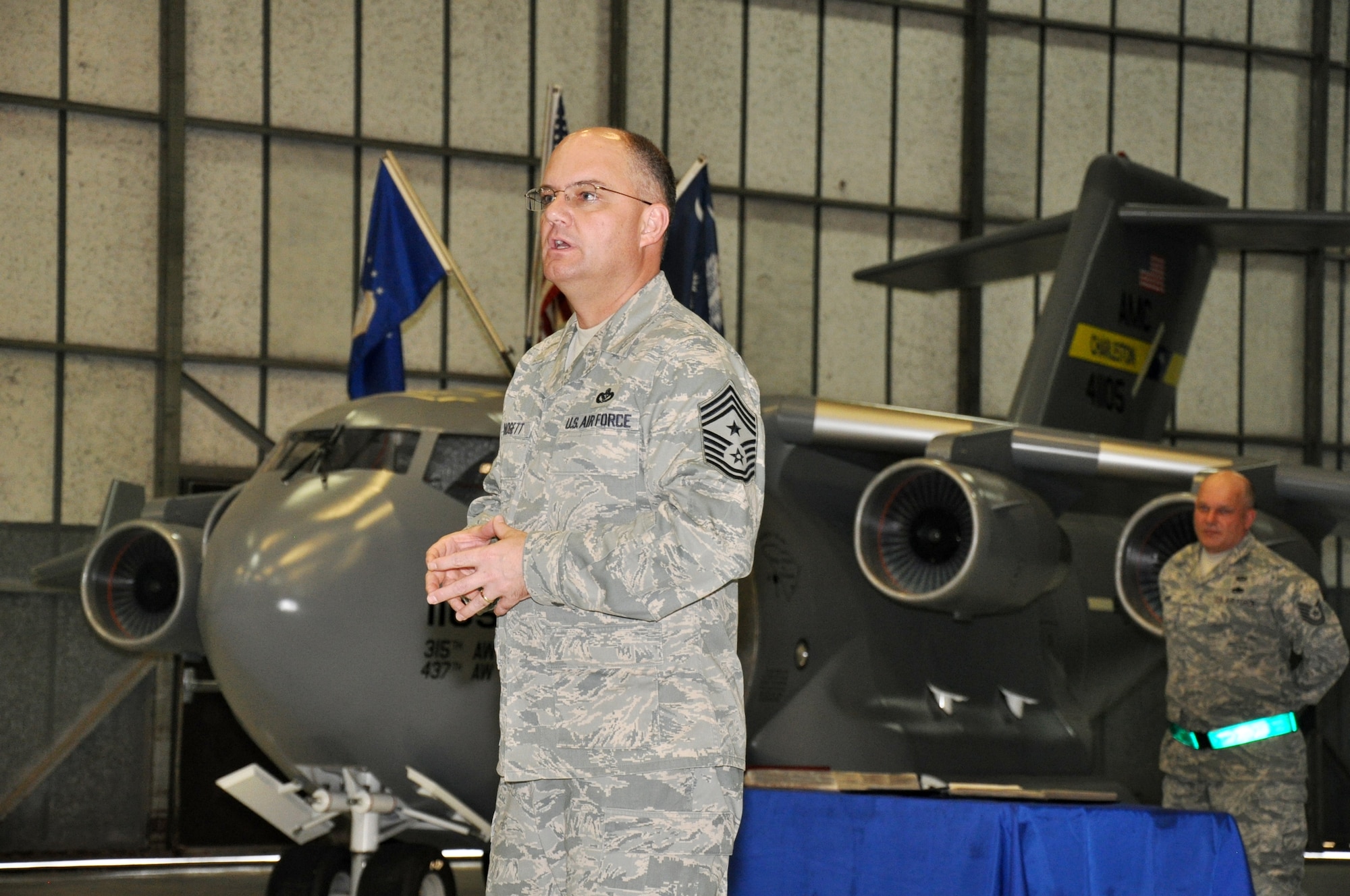 The 315th Airlift Wing is proud to host Air Force Reserve Command, Command Chief Master Sergeant, Dwight D. Badgett. Command Chief Badgett is visiting with local Airmen and discussing current Air Force Reserve Command events and the future direction of the Command. (U.S. Air Force photo/Second Lieutenant Jeff Kelly)
