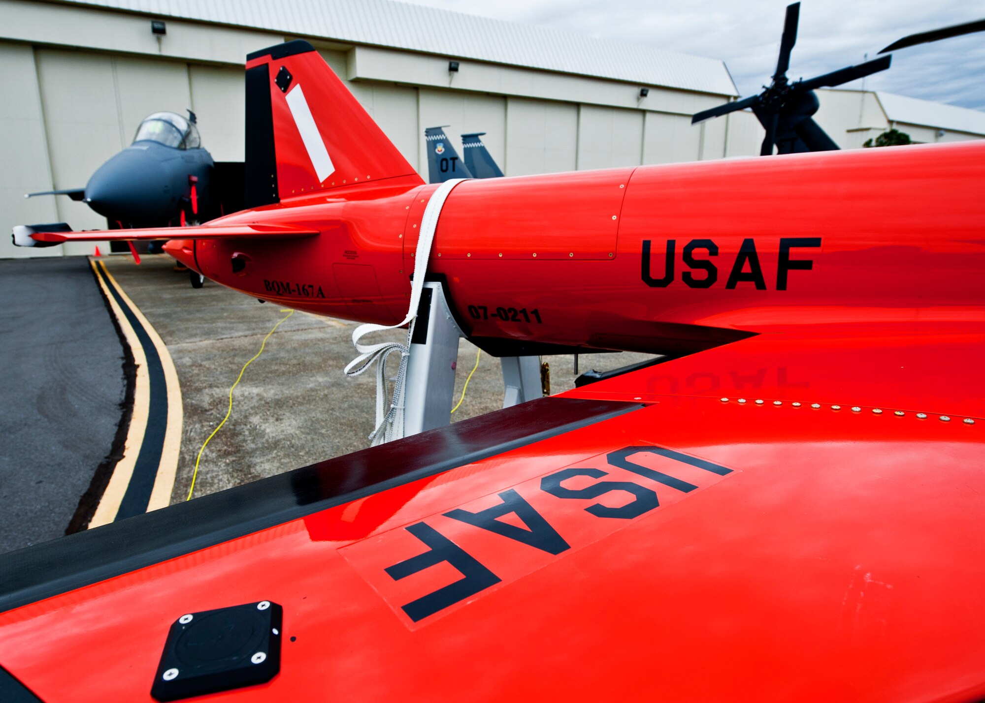 A BQM-167 subscale drone from the 82nd Aerial Targets Squadron, stands out in front of the hangar during the 70th birthday celebration Feb. 3 at Eglin Air Force Base, Fla.  Six different aircraft types representing just a few of the airframes the 53rd Wing use to conduct their mission of operational testing and evaluation were on display.  The wing was activated Jan. 15, 1941.  (U.S. Air Force photo/Samuel King Jr.)