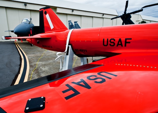 A BQM-167 subscale drone from the 82nd Aerial Targets Squadron, stands out in front of the hangar during the 70th birthday celebration Feb. 3 at Eglin Air Force Base, Fla.  Six different aircraft types representing just a few of the airframes the 53rd Wing use to conduct their mission of operational testing and evaluation were on display.  The wing was activated Jan. 15, 1941.  (U.S. Air Force photo/Samuel King Jr.)