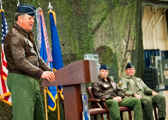Former 53rd Wing commander, Brig. Gen. (ret) Douglas Richardson, addresses the crowd at the wing’s 70th birthday celebration Feb. 3 at Eglin Air Force Base, Fla.  Current commander, Col. Michael Gantt (middle) and another former commander, Col. (ret) Bill Coutts are also pictured.  The wing hosted a ceremony and cookout and a mini-airshow featuring six of the aircraft types that are flown by the wing.  The wing was activated Jan. 15, 1941.  (U.S. Air Force photo/Samuel King Jr.)