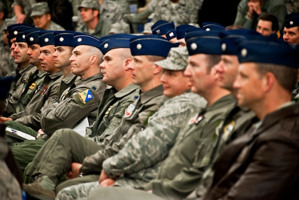A row of 53rd Wing lieutenant colonels listen to guest speaker Brig. Gen. (ret) Douglas Richardson at the wing’s 70th birthday celebration Feb. 3 at Eglin Air Force Base, Fla.  The wing hosted a ceremony and cookout and a mini-airshow featuring six of the aircraft types that are flown by the wing.  The wing was activated Jan. 15, 1941.  (U.S. Air Force photo/Samuel King Jr.)