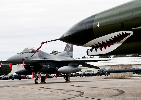 The F-16 flag ship and a QF-4 were just some of the aircraft on display during the 53rd Wing’s 70th birthday celebration Feb. 3 at Eglin Air Force Base, Fla.  Six different aircraft types representing just a few of the airframes the 53rd Wing use to conduct their mission of operational testing and evaluation were on display.  The wing was activated Jan. 15, 1941.  (U.S. Air Force photo/Samuel King Jr.)