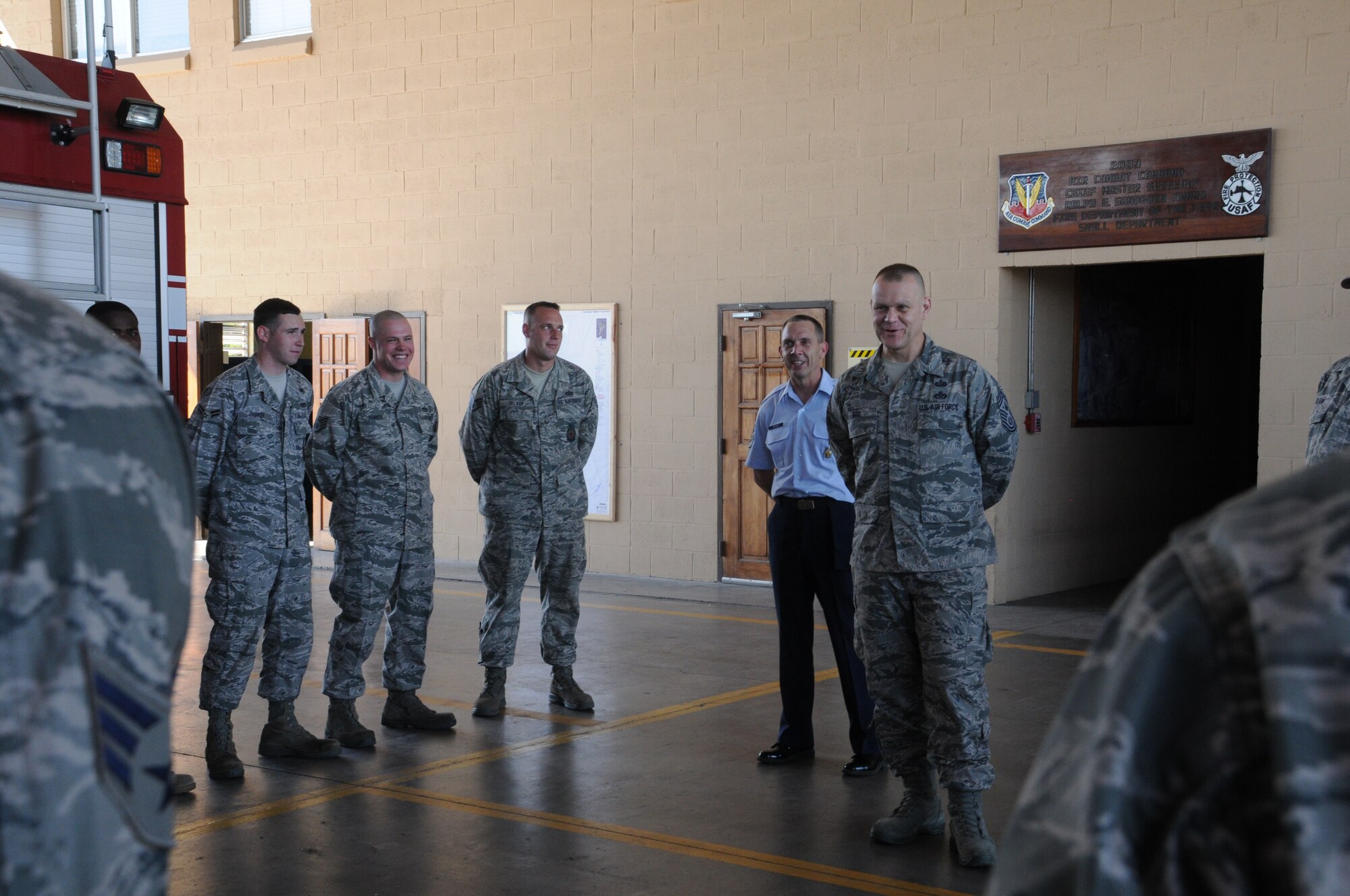 SOTO CANO AIR BASE, Honduras -- Chief Master Sgt. of the Air Force James Roy speaks with firefighters from Soto Cano's Joint Task Force-Bravo Fire Department here, Jan. 31. During his visit to Soto Cano, the chief toured many facilities, conducted meet-and-greets and spoke with Airmen about key focuses in the Air Force today. (U.S. Air Force photo/Staff Sgt. Kimberly Rae Moore)
