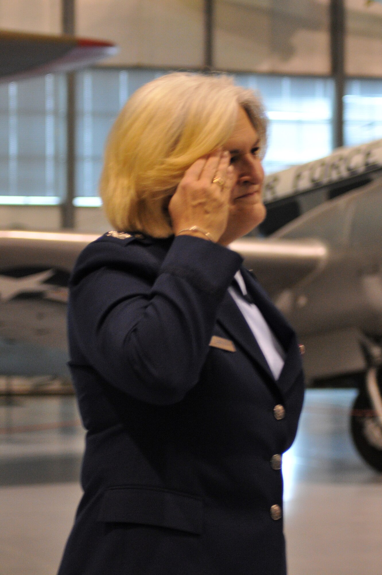 Col. Elaine K. Barron, 512th Mission Support Group commander, renders her final salute during her retirement ceremony Feb. 5 at the Air Mobility Command Museum, Dover Air Force Base, Del. During her distinguished career, the colonel earned many awards and decorations, including the Legion of Merit Award and the Meritorious Service Medal with two oak-leaf clusters. (U.S. Air Force photo by Staff Sgt. Andria J. Allmond)