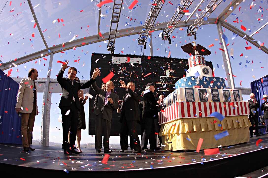Distinguished guests celebrate former president Ronald Reagan’s 100th birthday anniversary and the grand re-opening of the Ronald Reagan Presidential Library, Feb. 6. More than 1,500 actors, musicians, former advisers, friends and Camp Pendleton Marines attended a centennial celebration and ceremonial wreath laying for Ronald Reagan. Following the wreath laying, the Camp Pendleton’s 5th Battalion, 11th Marines Artillery Unit conducted a 21-gun salute with 105 Howitzer Saluting Battery fire.