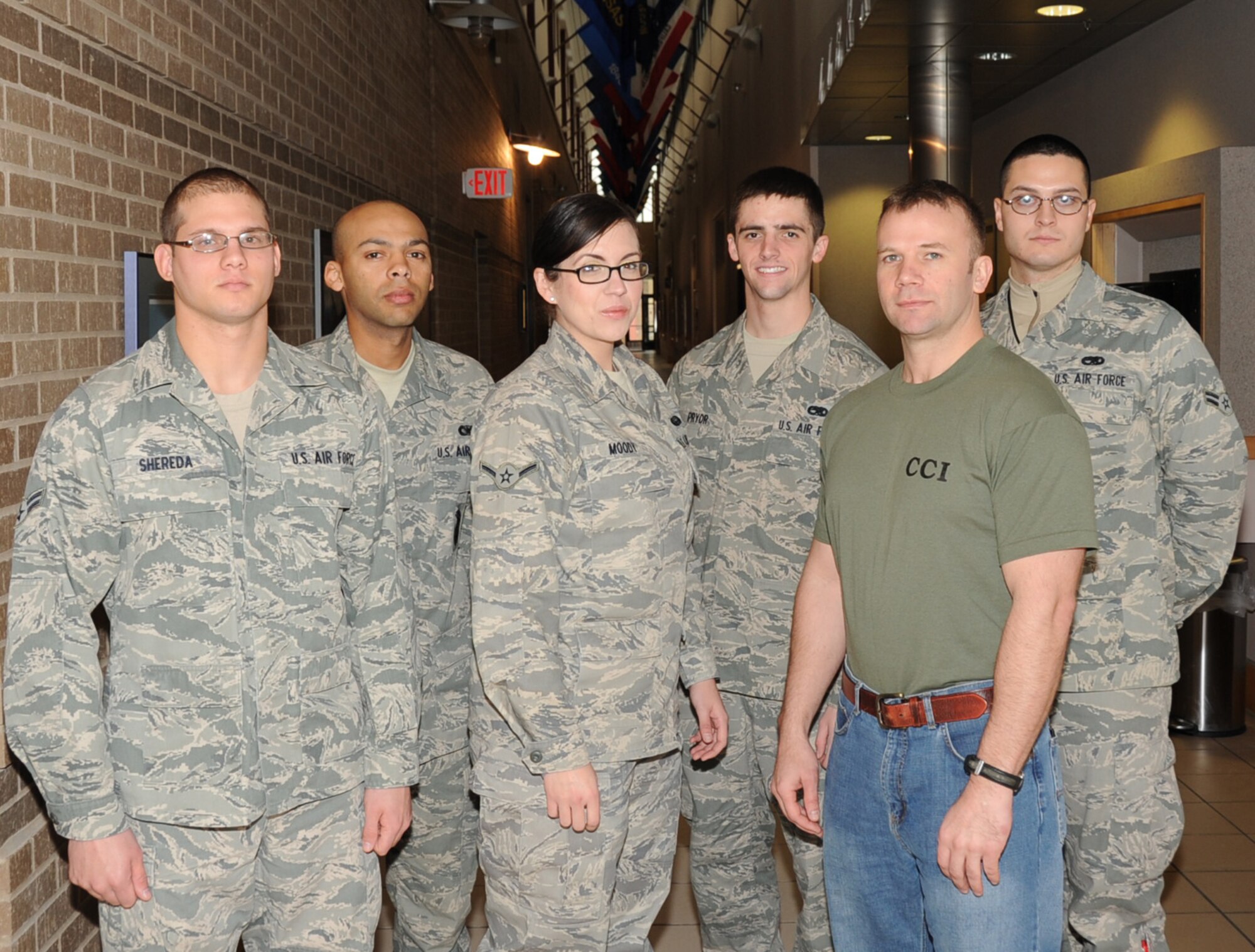 The 931st Air Refueling Group welcomed new reservists into the fold during the February unit training assembly, Feb 5-6. They are from left to right: Airman 1st Class Dustin Shereda, Airman 1st Class Edwing Rentie, Airman 1st Class Michelle L. Moody, Airman 1st Class Kevin S. Pryor, Staff Sgt. Kyle J. Behymer and Airman 1st Classs Drew D. Mantel. (Air Force Photo by Tech. Sgt. Brannen Parrish)