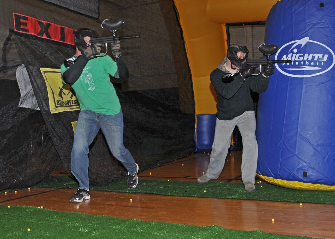 After the days drill 914th members spend their evening playing paintball in the base fitness center, February 5, 2011, Niagara Falls Air Reserve Station, Niagara Falls, NY. Players broke into two three man teams for the best out of two sets. (U.S. Air Force photo by Staff Sgt. Joseph McKee)