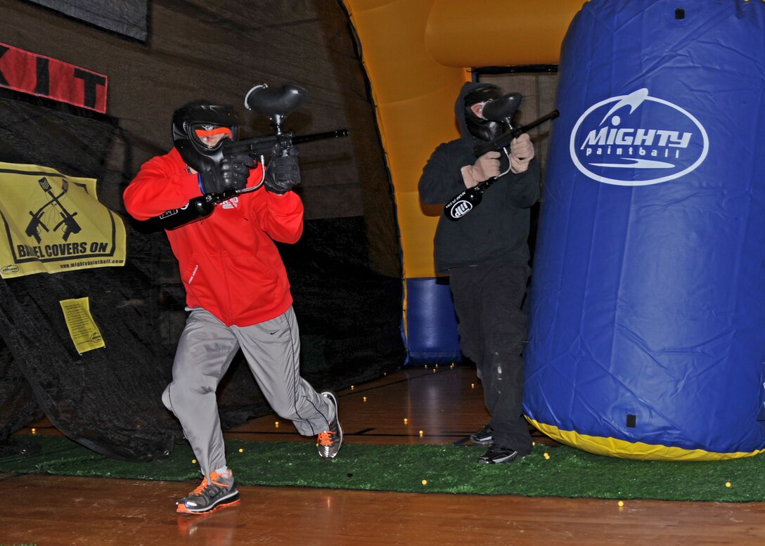 After the days drill 914th members spend their evening playing paintball in the base fitness center, February 5, 2011, Niagara Falls Air Reserve Station, Niagara Falls, NY. Players broke into two three man teams for the best out of two sets. (U.S. Air Force photo by Staff Sgt. Joseph McKee)