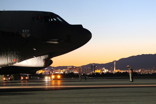A B-52H Stratofortress from the 96th Bomb Squadron, Barksdale Air Force Base, La., prepares to taxi the runway for a night sortie at Nellis AFB, Nev., during Exercise Red Flag Feb. 2. The purpose of Exercise Red Flag is to train pilots from the U.S., NATO and other allied countries for realistic combat scenarios. This includes the use of live ammunition for bombing exercises within the Nevada Test and Training Range. (U.S. Air Force photo by Kevin Cox)