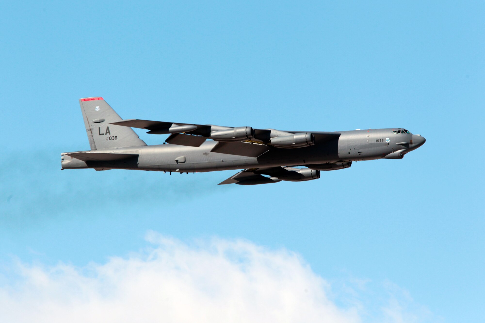 A B-52H Stratofortress from the 96th Bomb Squadron, Barksdale Air Force Base, La., flies a sortie Feb. 1 during Exercise Red Flag at Nellis AFB, Nev. The purpose of Exercise Red Flag is to train pilots from the U.S., NATO and other allied countries for realistic combat scenarios. This includes the use of live ammunition for bombing exercises within the Nevada Test and Training Range.  (U.S. Air Force photo by Kevin Cox)