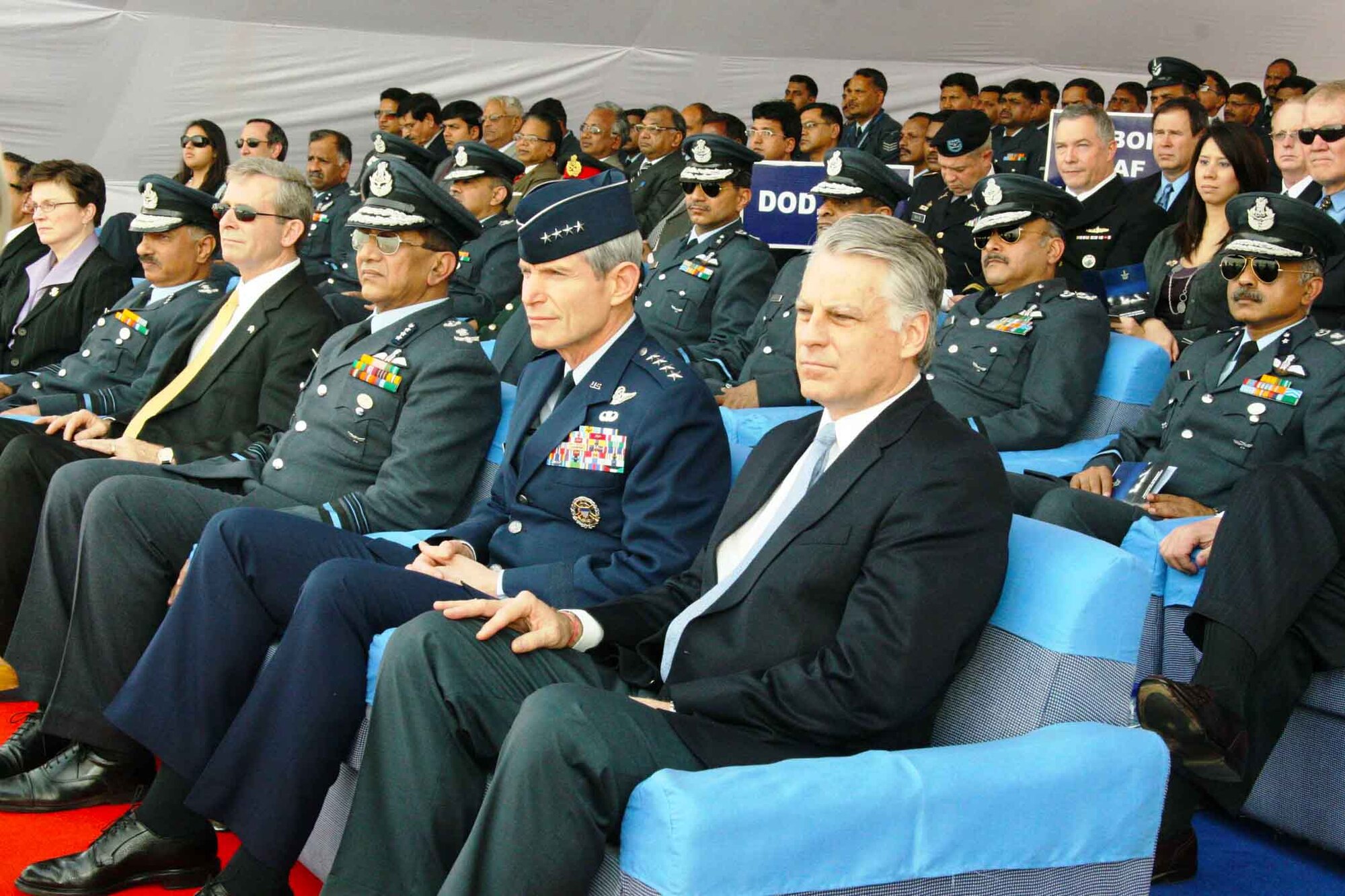 Air Force Chief of Staff Gen. Norton Schwartz sits with U.S. Ambassador to India Timothy J. Roemer (right) during the C-130J Super Hercules induction ceremony Feb. 5, 2011, at Hindon Air Force Station near New Delhi, India. The Indian Air Force inducted the first of six C-130Js aircraft into its mobility fleet.  (Courtesy photo)