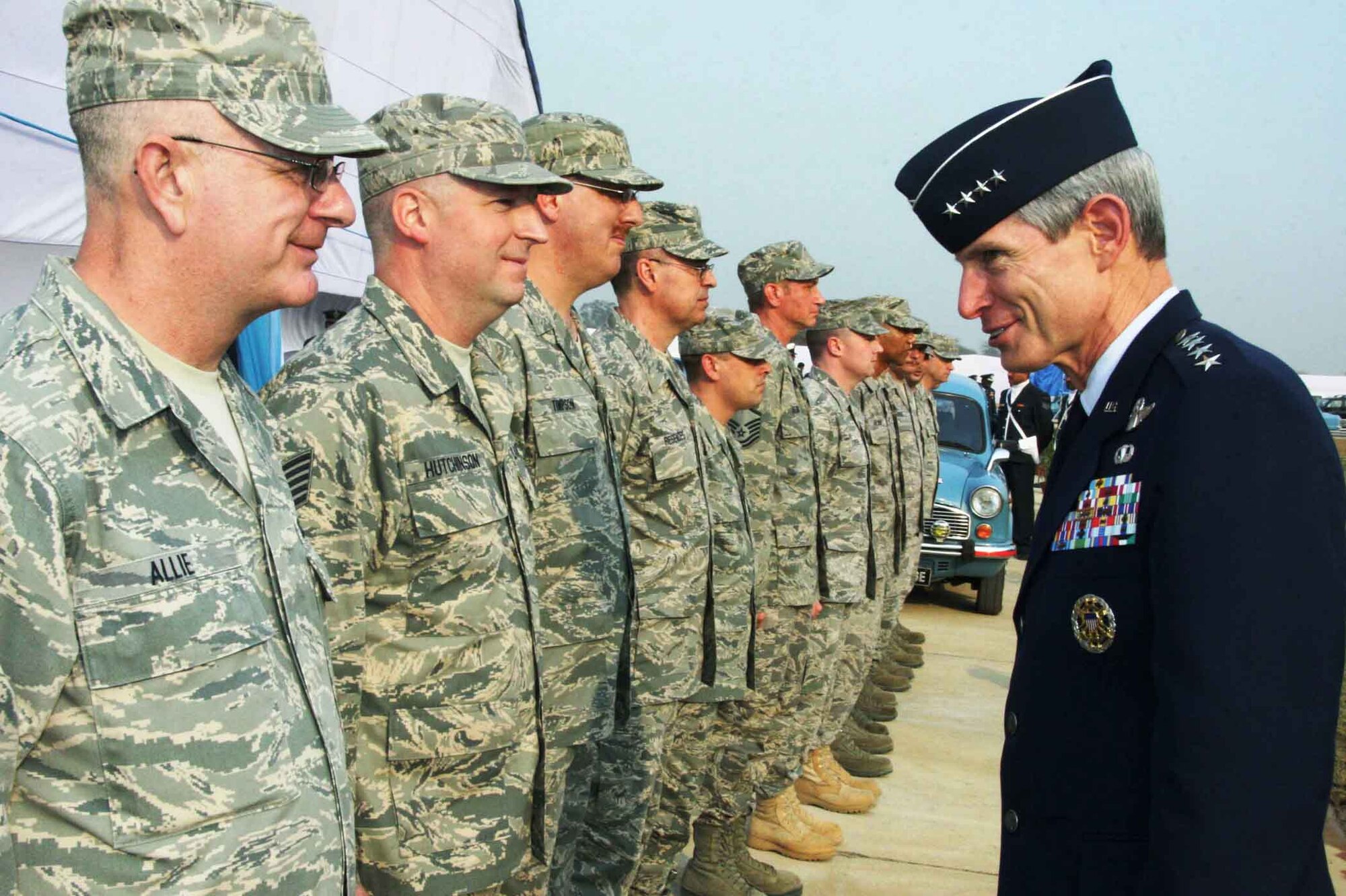Air Force Chief of Staff Gen. Norton Schwartz meets with Airmen during the C-130J Super Hercules induction ceremony at Hindon Air Force Station Feb. 5, 2011, near New Delhi, India.  The Indian Air Force inducted the first of six C-130Js aircraft into its mobility fleet.  (Courtesy photo)