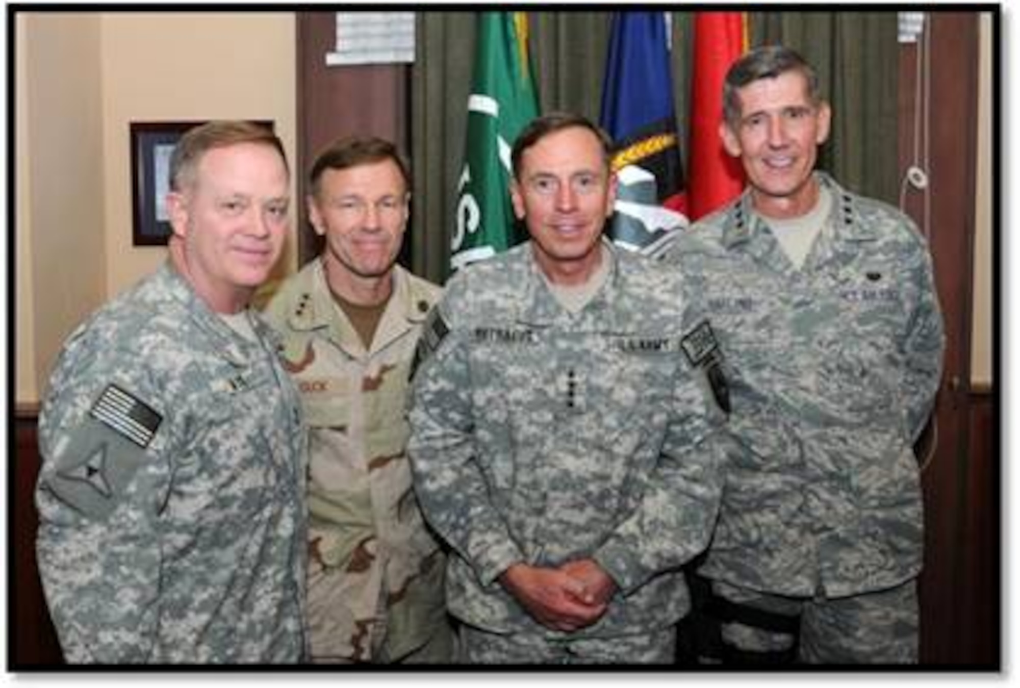 L-R: Major General Clyde J. Tate II, the Deputy Judge Advocate General for the Army; Vice Admiral James W. Houck, The Judge Advocate General for the Navy; General David H. Petraeus, Commander of International Security Assistance Force & Commander of U.S. Forces Afghanistan; and Lieutenant General Richard C. Harding, The Judge Advocate General for the Air Force pose together during a recent visit to Afghanistan.