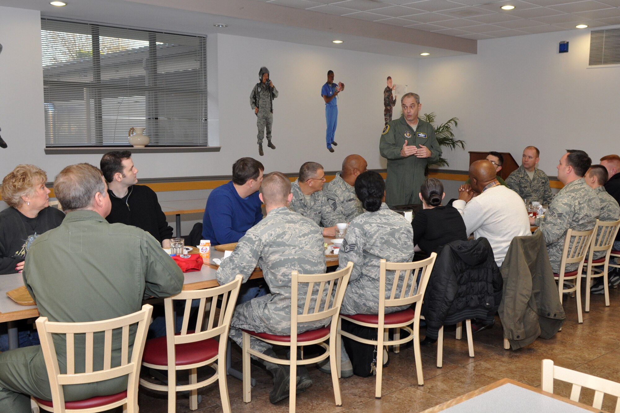 Brig. Gen. John J. Mooney III, the 307th Bomb Wing commander, addresses Airmen newly assigned to the wing at a welcoming breakfast in the dining facility on Barksdale Air Force Base, La., during the Unit Assembly Training weekend Feb. 6, 2011. The “Newcomers Breakfast,” which is held Sunday mornings of each monthly UTA, is an opportunity for the new Airmen to sit down for a face-to-face meeting with their new commander at the beginning of a career here at Barksdale. In turn, General Mooney has the opportunity to see the caliber of Airmen entering the unit and address any questions or concerns they may have on a more personal level. This setting also allows seniors leaders who attend the monthly event to set the tone for the new Airmen, who are joining what has been a winning team for years. (U.S. Air Force photo/Tech Sgt. Jeff Walston)