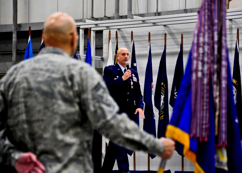 Col. Andy Comtois, 919th Special Operations Wing commander, speaks to his wing  during the assumption of command ceremony Feb. 5 at Duke Field, Fla. Colonel Comtois assumed command of the Air Force Reserve’s most decorated wing in the formal ceremony in front of hundreds of Airmen and distinguished visitors.  (U.S. Air Force photo/Tech. Sgt. Samuel King Jr.)