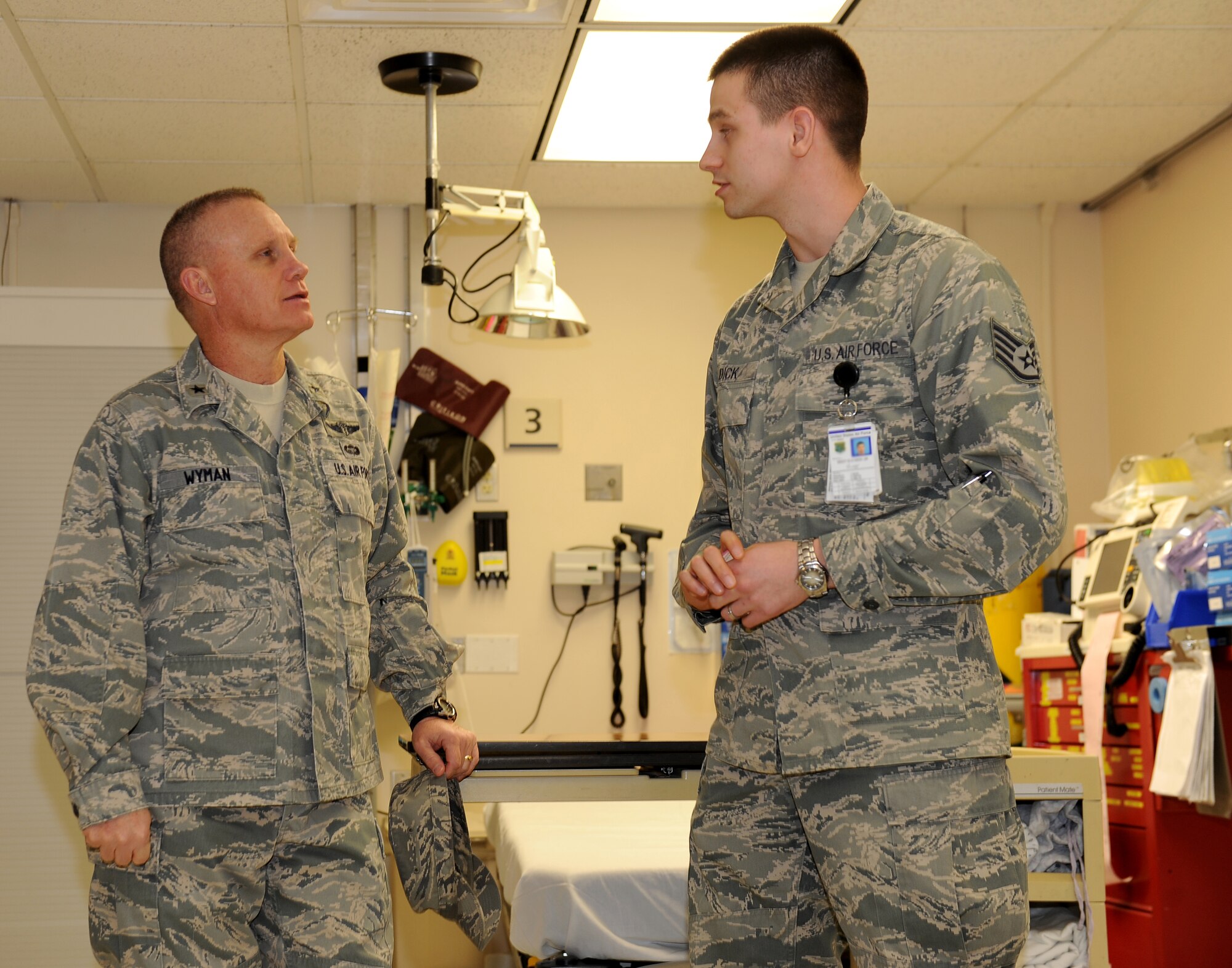 LANGLEY AIR FORCE BASE, Va. – Brig. Gen. Daniel Wyman, Air Combat Command surgeon general, receives a briefing on emergency room operations from Staff Sgt. Bruce Dick, 633d Medical Group Emergency Room NCOIC, Feb. 3.  During the briefing, Sergeant Dick provided the General with joint services operations, patient statistics and readiness tools in place. (U.S. Air Force photo/Senior Airman Antoinette Gibson). (Released)