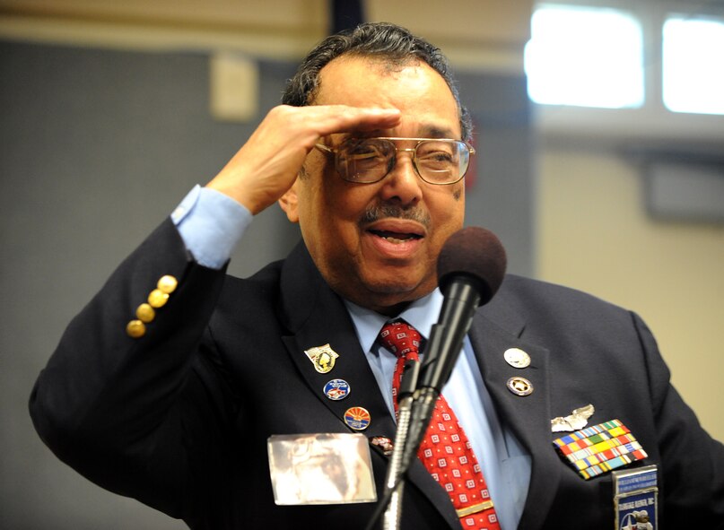 The keynote speaker for the Black History Month celebration at the Wing Auditorium at F.S. Gabreski Airport, Westhampton Beach, N.Y. on February 8, 2011, 2nd Lt. William M. Wheeler, a Tuskeegee Airman salutes members of the 106th Rescue Wing during his speech.

(Official U.S. Airforce photo/SSgt. Marcus P. Calliste/released)