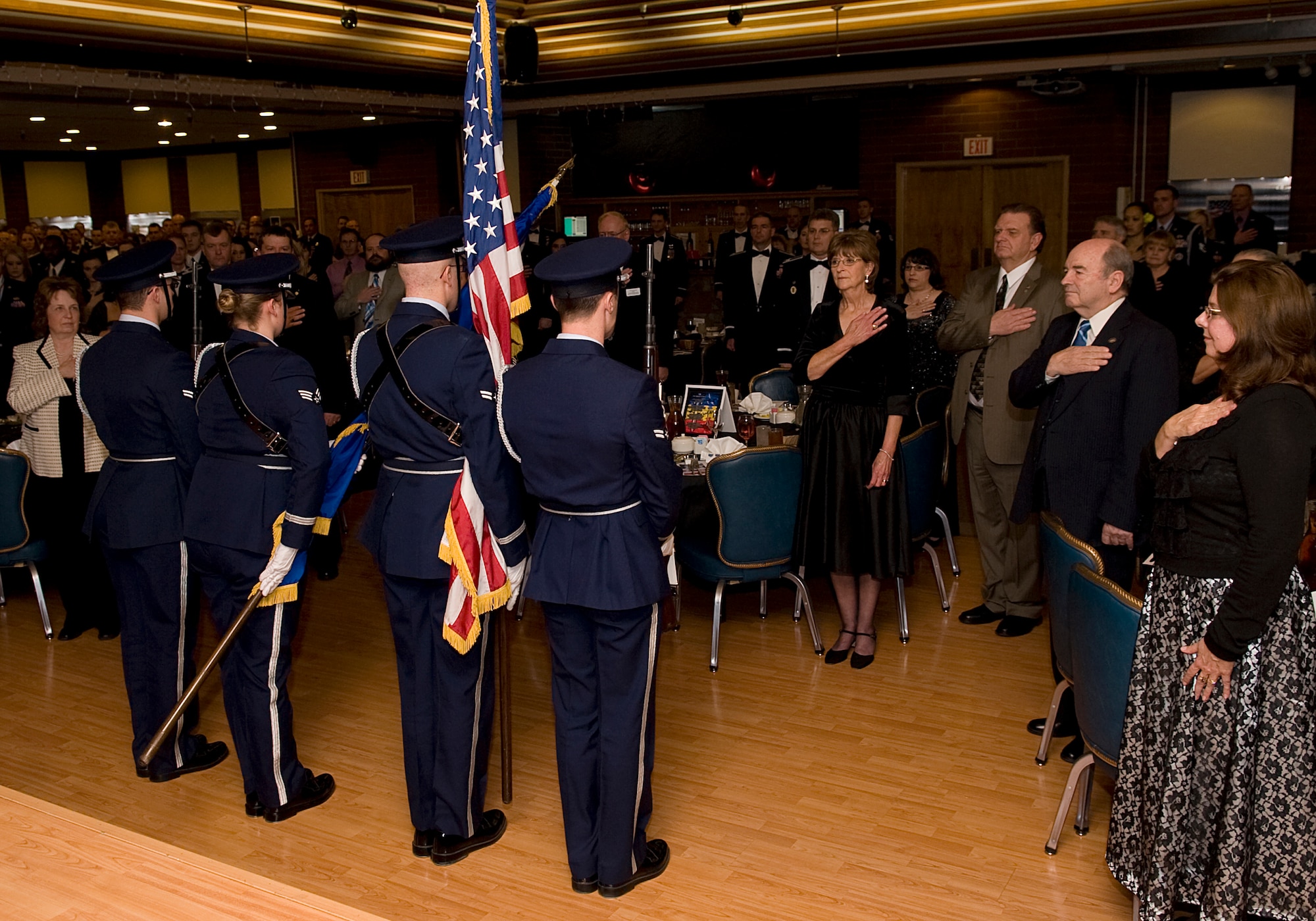 MOUNTAIN HOME AIR FORCE BASE, Idaho -- The base Honor Guard posts the colors during the 2010 Annual Awards Ceremony here Feb. 4. The ceremony allowed 15 Airmen and civilians to be recognized for their accomplishments throughout 2010. (U.S. Air Force photo by Staff Sgt. Roy Lynch)