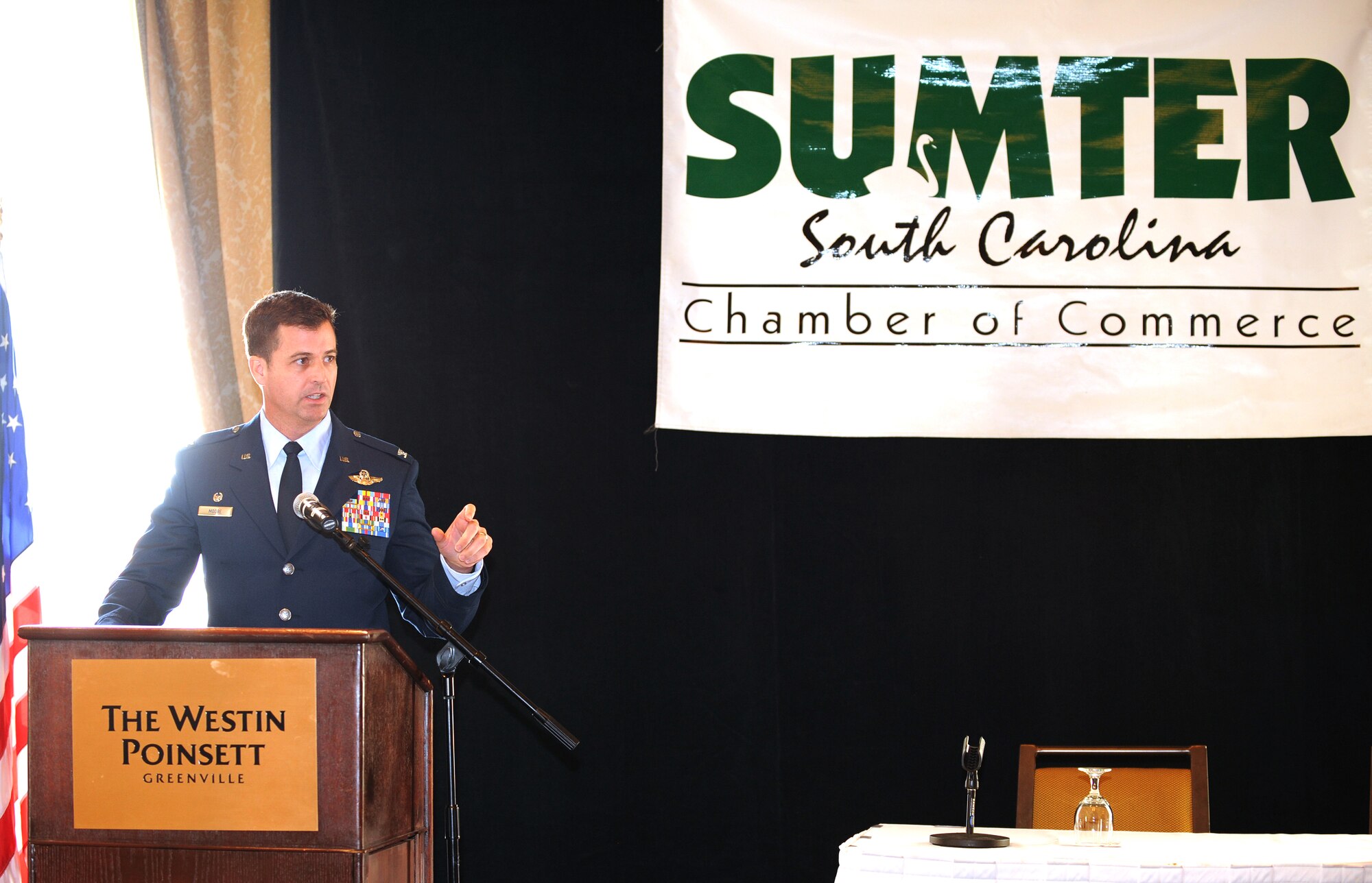 GREENVILLE, S.C.-- Col. Charlie Moore, 20th Fighter Wing commander, briefs Sumter community leaders during the Sumter Chamber of Commerce retreat held in Greenville, S.C., Feb. 4 to 6. Colonel Moore updated the attendees about plans and development at Shaw. (U.S. Air Force photo by Tech. Sgt. Louis Rivers)

