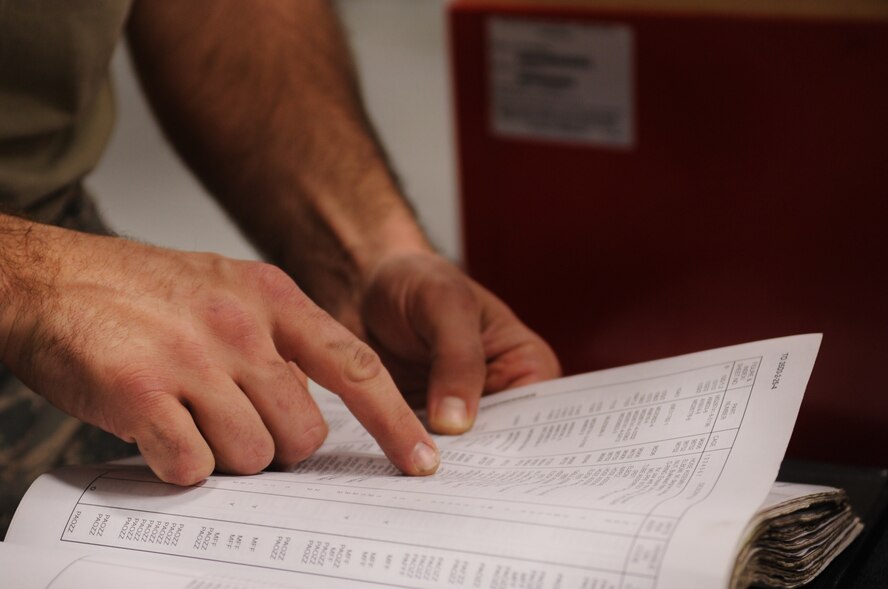 MOODY AIR FORCE BASE, Ga. -- Tech. Sgt. Christopher McClure, 23rd Equipment Maintenance Squadron air ground equipment flight craftsman, looks through technical orders Feb. 8. The technical orders contain important part identification numbers and also information on how to perform inspections. (U.S. Air Force photo/Airman 1st Class Douglas Ellis)(RELEASED)
