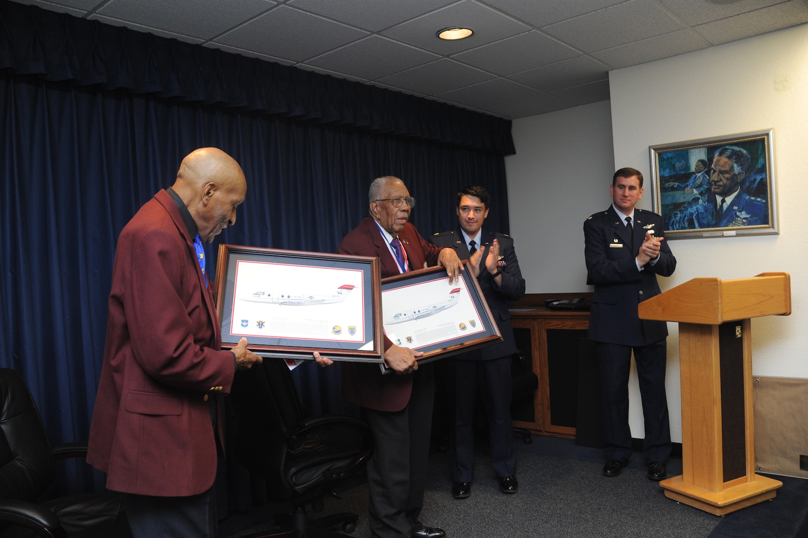 Randolph Air Force Base, Texas:  (Lt. Colonel) Dr. Granville C. Coggs, M.D., Documented Original Tuskegee Airman, are presented plaques for their participation at the Third Annual Tuskegee Heritage Breakfast.  The Breakfast is held at the 99th Flying Training Squadron on Randolph Air Force Base.  (U.S. Air Force photo/Rich McFadden)