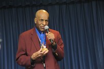 Randolph Air Force Base, Texas:  (Lt. Colonel) Dr. Granville C. Coggs, M.D., Documented Original Tuskegee Airman, Shows his Congressional Gold Medal at the Third Annual Tuskegee Heritage Breakfast.  The Beakfast is held at the 99th Flying Training Squadron on Randolph Air Force Base.  (U.S. Air Force photo/Rich McFadden)
