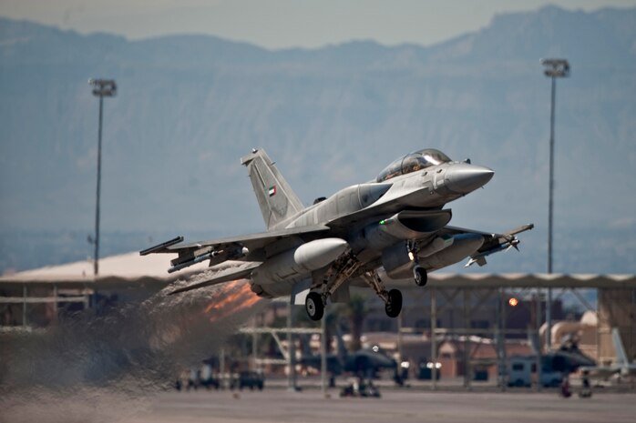 NELLIS AIR FORCE BASE, Nev.--  A United Arab Emirates, Saheen 3 Squadron, F-16E Desert Falcon takes off from the Nellis flight line during Red Flag 11-2, Feb. 3. Red Flag is a realistic combat training exercise involving the air forces of the United States and its allies. (U.S. Air Force photo by Tech Sgt. Michael R. Holzworth)
