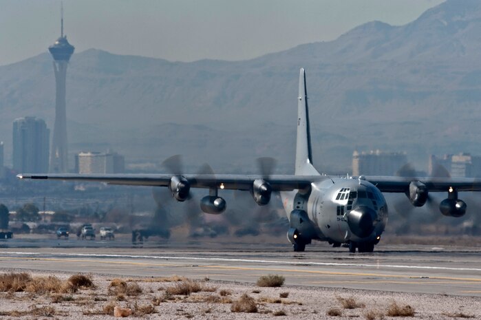 NELLIS AIR FORCE BASE, Nev.-- A Belgian Air Force C-130J Super Hercules takes off for a training mission during Red Flag 11-2, Feb. 3.  Red Flag is a realistic combat training exercise involving the air forces of the United States and its allies. (U.S. Air Force photo by Tech Sgt. Michael R. Holzworth)