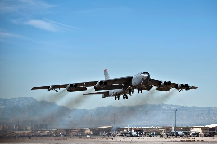 NELLIS AIR FORCE BASE, Nev. --  A B-52 Stratofortress from the 96th Bomb Squadron, Barksdale Air Force Base La., takes off during a training mission at Red Flag 11-2  Feb. 3. Red Flag is a realistic combat training exercise involving the air forces of the United States and its allies. (U.S. Air Force photo by Tech. Sgt. Michael R. Holzworth)