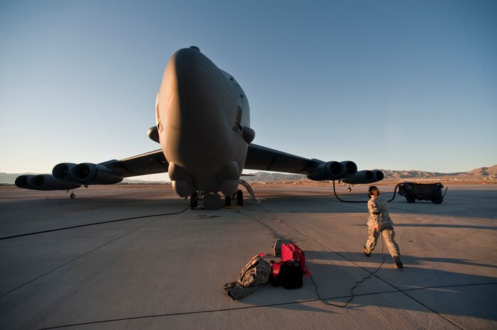 NELLIS AIR FORCE BASE, Nev. -- Airman 1st Class Anna Wilson, 2nd Aircraft Maintenance Squadron crew chief, from Barksdale Air Force Base La., conducts an engine test on a B-52 Stratofortress during Red Flag 11-2 Jan. 26. Red Flag is a realistic combat training exercise involving the air forces of the United States and its allies. (U.S. Air Force photo by Tech. Sgt. Michael R. Holzworth)