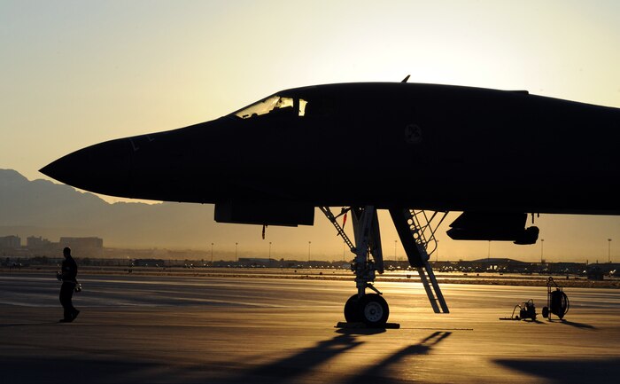 NELLIS AIR FORCE BASE, Nev. -- An Airman from the 28th Aircraft Maintenance Squadron Ellsworth Air Force Base Alaska, completes final pre-flight inspection on a B-1 Lancer during Red Flag 11-2, Jan. 26. Red Flag is a realistic combat training exercise involving the air forces of the united states and its allies. (U.S. Air Force photo by Airman 1st Class Daniel Hughes)