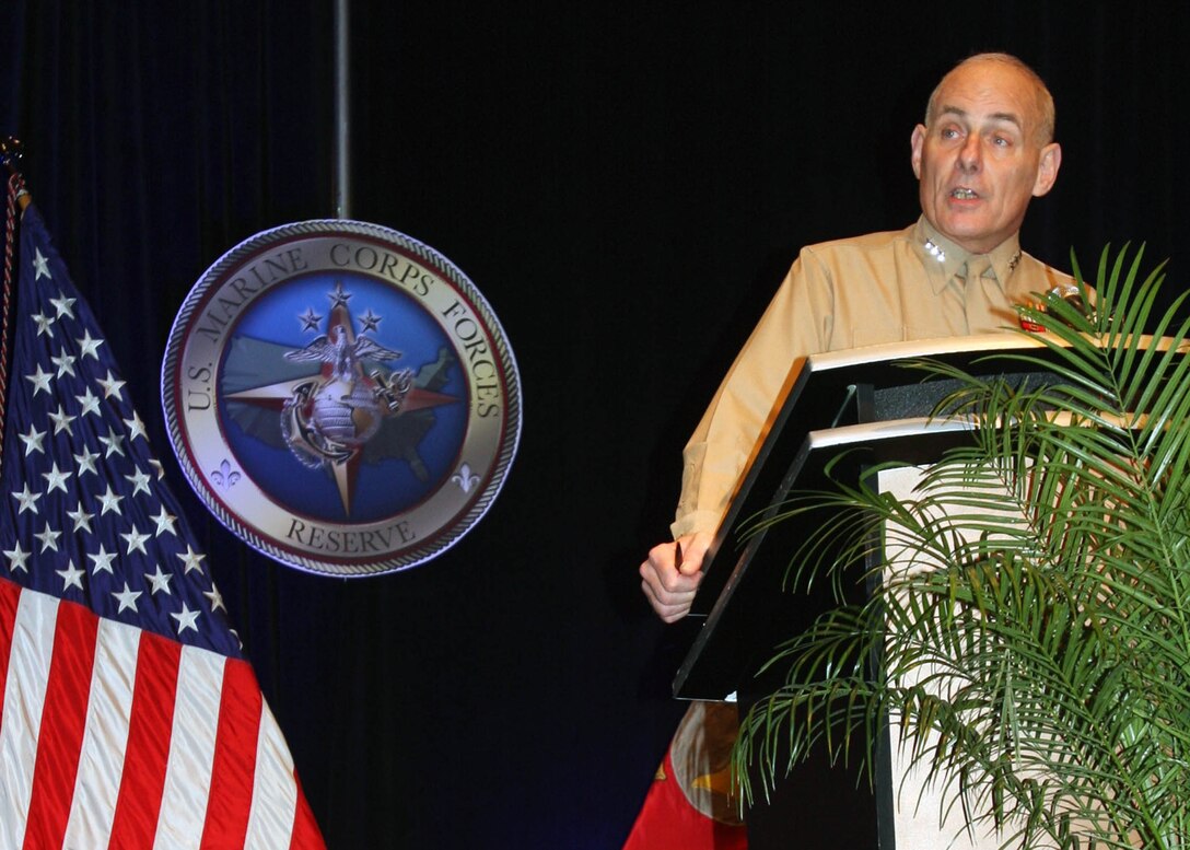 Marine Forces Reserve, commander, Lt. Gen. John K. Kelly, speaks at the Heroes and Healthy Families conference here Feb 8. The conference offered resources and suggestions to assist service members who might be experiencing difficulties in their personal lives after returning from an overseas deployment.